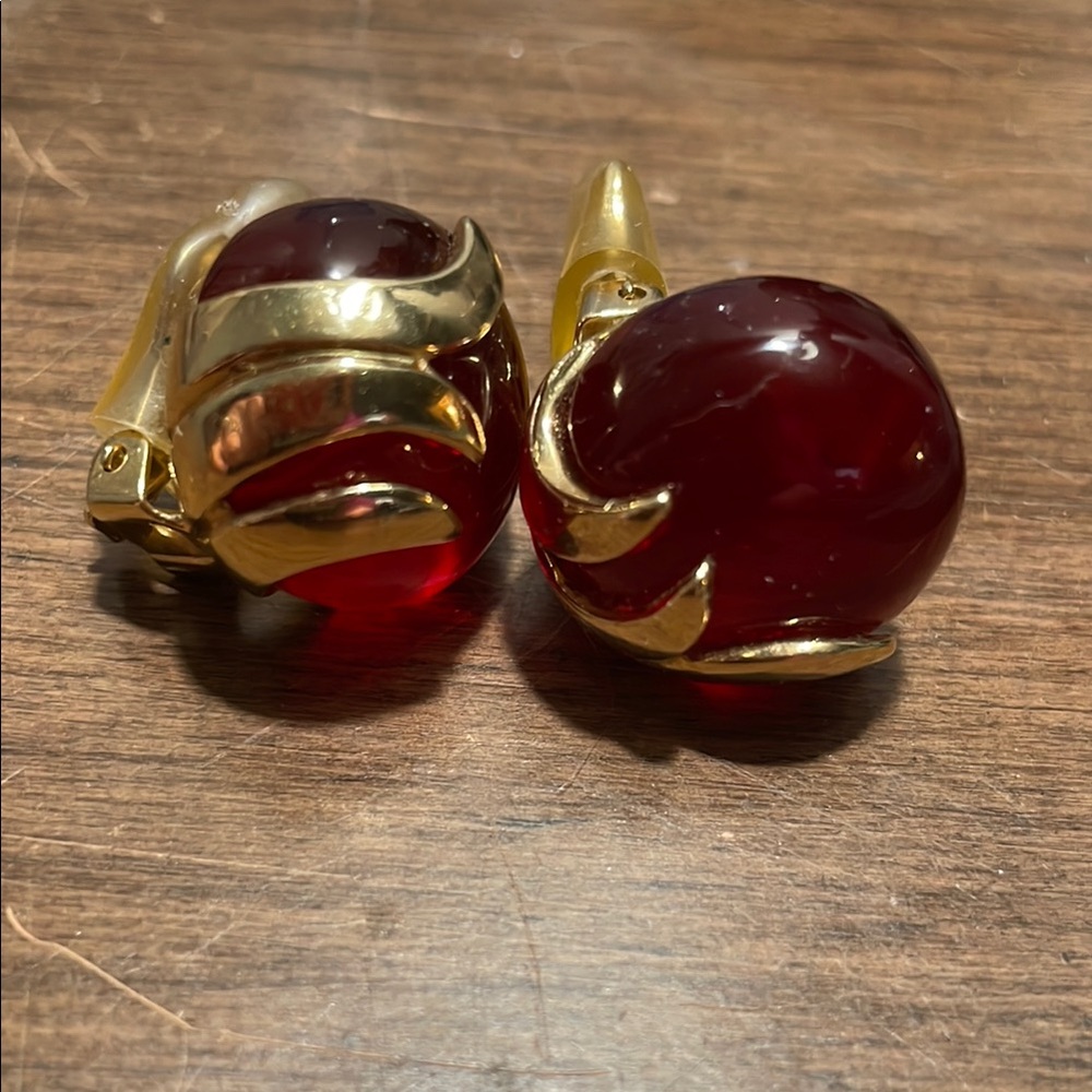 Vtg  Replica Italy Red and Gold Spherical Clip On Earrings